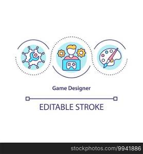 Game designer concept icon. Conceptualizing game plots and storylines idea thin line illustration. Characters, gameplay development. Vector isolated outline RGB color drawing. Editable stroke. Game designer concept icon