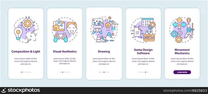 Game designer skills onboarding mobile app page screen with concepts. Composition and light walkthrough 5 steps graphic instructions. UI vector template with RGB color illustrations. Game designer skills onboarding mobile app page screen with concepts