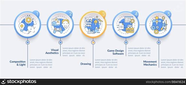 Game designer skills vector infographic template. Composition and light presentation design elements. Data visualization with 5 steps. Process timeline chart. Workflow layout with linear icons. Game designer skills vector infographic template
