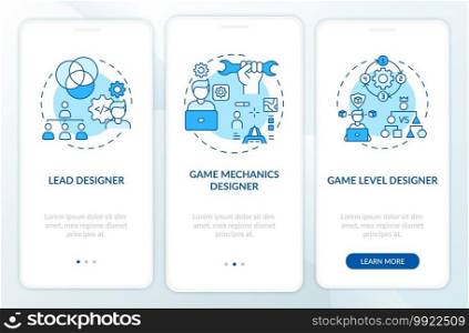 Game designers types onboarding mobile app page screen with concepts. Game mechanics designer on project walkthrough 3 steps graphic instructions. UI vector template with RGB color illustrations. Game designers types onboarding mobile app page screen with concepts
