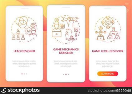 Game designers types onboarding mobile app page screen with concepts. Game level designer on project walkthrough 3 steps graphic instructions. UI vector template with RGB color illustrations. Game designers types onboarding mobile app page screen with concepts