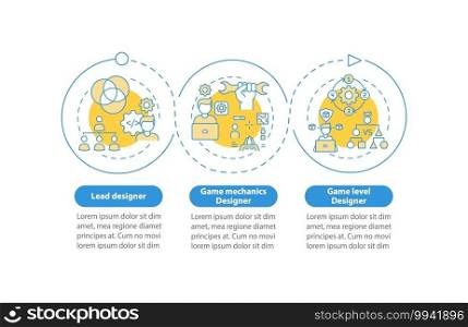 Game designers types vector infographic template. Game mechanics designer presentation design elements. Data visualization with 3 steps. Process timeline chart. Workflow layout with linear icons. Game designers types vector infographic template