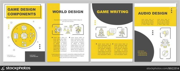 Game designing brochure template. World creation, audio design. Flyer, booklet, leaflet print, cover design with linear icons. Vector layouts for magazines, annual reports, advertising posters. Game designing brochure template