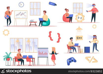 Game developer working isolated elements set. Bundle of employees analyze data, programmers write code, work on projects, gaming industry. Creator kit for vector illustration in flat cartoon design