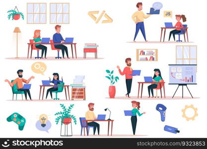 Game developer working isolated elements set. Bundle of men and women programmers write code, customize application, work in gaming industry. Creator kit for vector illustration in flat cartoon design