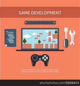 Game development concept with item icons such as laptop, joystick and coding page in flat design style