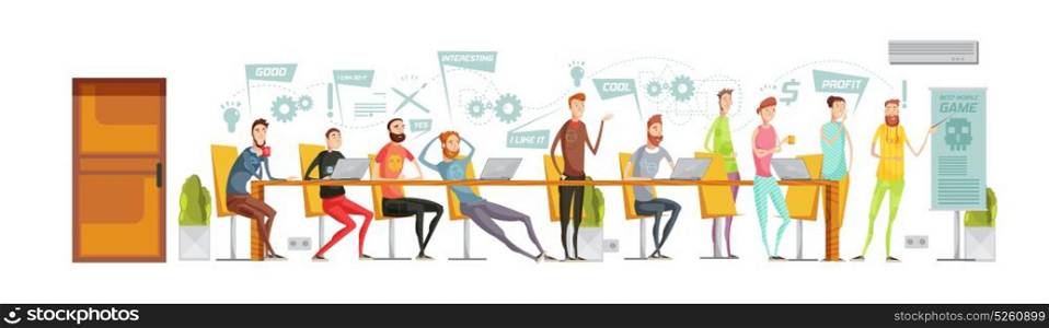 Game Development Meeting Composition. Colored flat game development meeting composition with negotiations at a long table in the office vector illustration