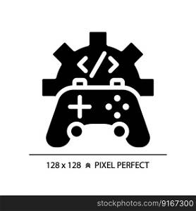 Game development pixel perfect black glyph icon. STEM integration in industry. Students teaching improvement. Silhouette symbol on white space. Solid pictogram. Vector isolated illustration. Game development pixel perfect black glyph icon