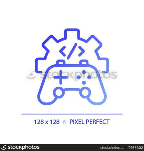 Game development pixel perfect gradient linear vector icon. STEM integration in industry. Students teaching improvement. Thin line color symbol. Modern style pictogram. Vector isolated outline drawing. Game development pixel perfect gradient linear vector icon