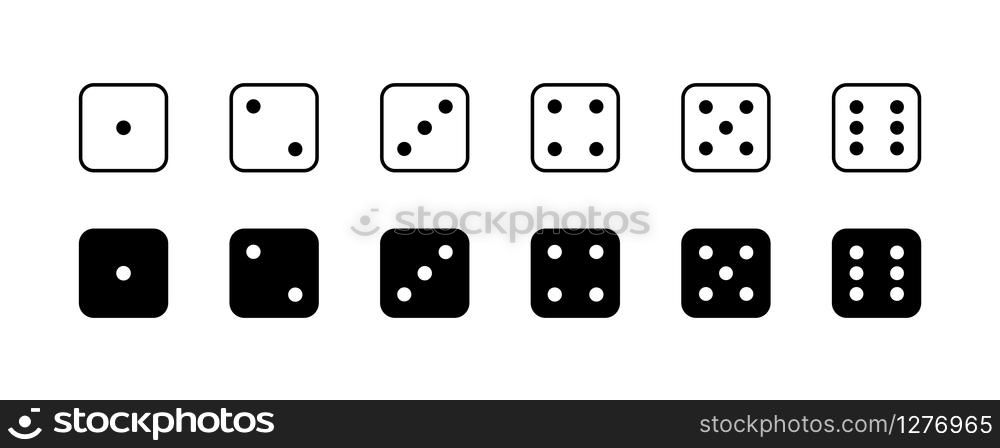 Game dice. Set of game dice, isolated on white background. Dice in a flat and linear design from one to six. Vector illustration