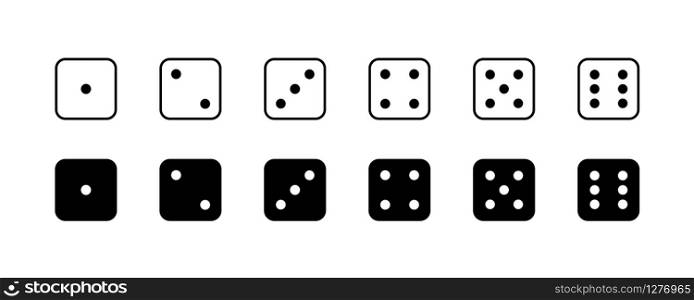 Game dice. Set of game dice, isolated on white background. Dice in a flat and linear design from one to six. Vector illustration