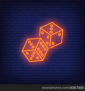 Game dices night bright advertisement element. Gambling concept for neon sign design. Vector illustration in neon style for casino, online game, poker club