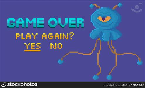 Game end and restart selection interface. Pixel game home page. Blue monster with one eye flying in space. Retro 8-bit app logo and design layout. Evil alien for video gaming in pixel style. Game end and restart selection interface. Pixel game home page. Blue monster with one eye in space