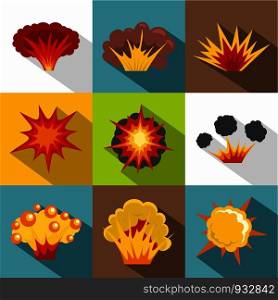 Game explosion icon set. Flat style set of 9 game explosion vector icons for web design. Game explosion icon set, flat style