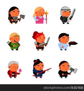 Game fantasy characters. Computer 2d gaming fairy tale mascot sprite cartoons knight soldiers elf rpg shooter vector. Illustration of character cartoon game knight and magician. Game fantasy characters. Computer 2d gaming fairy tale mascot sprite cartoons knight soldiers elf rpg shooter vector