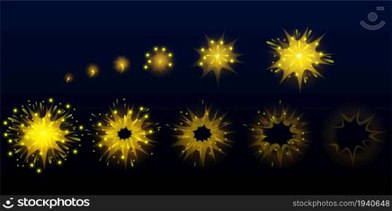 Game fireworks, yellow explode effect burst sprites for animation. User interface ui or gui elements for videogame, computer or web design. Salute sparkle explosion frames, Cartoon vector illustration. Game firework, yellow explode effect burst sprites