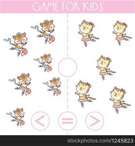 Game for kids.Fox and cat. More, less or equal.Education logic game for preschool kids.Hand drawn vector illustration