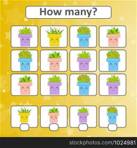 Game for preschool children. Count as many flower pots in the picture and write down the result. With a place for answers. Simple flat isolated vector illustration. Game for preschool children. Count as many flower pots in the picture and write down the result. With a place for answers. Simple flat isolated vector illustration.