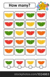 Game for preschool children. Count as many fruits in the picture and write down the result. Lemon, lime, orange, grapefruit. With a place for answers. Simple flat isolated vector illustration. Game for preschool children. Count as many fruits in the picture and write down the result. Lemon, lime, orange, grapefruit. With a place for answers. Simple flat isolated vector illustration.