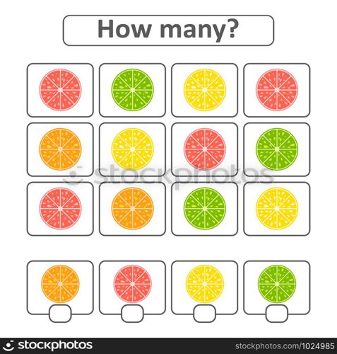 Game for preschool children. Count as many fruits in the picture and write down the result. With a place for answers. Simple flat isolated vector illustration. Game for preschool children. Count as many fruits in the picture and write down the result. With a place for answers. Simple flat isolated vector illustration.