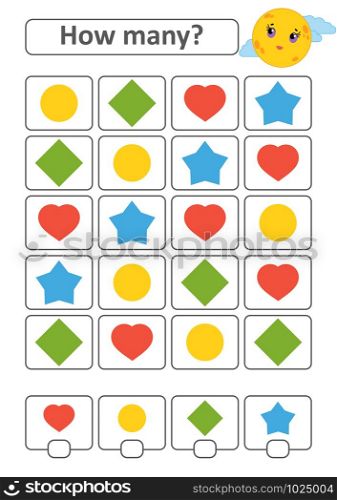 Game for preschool children. Count as many fruits in the picture and write down the result. Heart, diamond, circle, star. With a place for answers. Simple flat isolated vector illustration. Game for preschool children. Count as many fruits in the picture and write down the result. Heart, diamond, circle, star. With a place for answers. Simple flat isolated vector illustration.