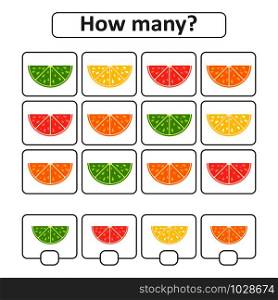 Game for preschool children. Count as many fruits in the picture and write down the result. With a place for answers. Simple flat isolated vector illustration. Game for preschool children. Count as many fruits in the picture and write down the result. With a place for answers. Simple flat isolated vector illustration.