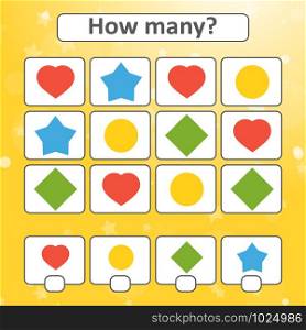 Game for preschool children. Count as many geometric shapes in the picture and write down the result. With a place for answers. Simple flat isolated vector illustration. Game for preschool children. Count as many geometric shapes in the picture and write down the result. With a place for answers. Simple flat isolated vector illustration.