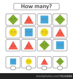 Game for preschool children. Count as many geometric shapes in the picture and write down the result. With a place for answers. Simple flat isolated vector illustration. Game for preschool children. Count as many geometric shapes in the picture and write down the result. With a place for answers. Simple flat isolated vector illustration.