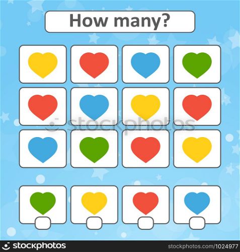Game for preschool children. Count as many hearts in the picture and write down the result. With a place for answers. Simple flat isolated vector illustration. Game for preschool children. Count as many hearts in the picture and write down the result. With a place for answers. Simple flat isolated vector illustration.