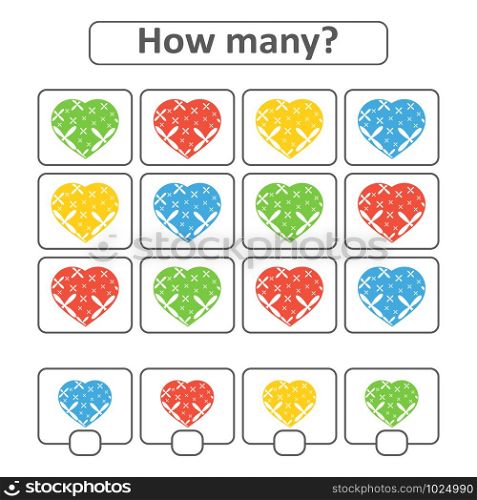 Game for preschool children. Count as many hearts in the picture and write down the result. With a place for answers. Simple flat isolated vector illustration. Game for preschool children. Count as many hearts in the picture and write down the result. With a place for answers. Simple flat isolated vector illustration.