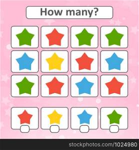 Game for preschool children. Count as many stars in the picture and write down the result. With a place for answers. Simple flat isolated vector illustration. Game for preschool children. Count as many stars in the picture and write down the result. With a place for answers. Simple flat isolated vector illustration.