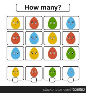 Game for preschool children. Count out how many Easter eggs in the picture and write down the result. With a place for answers. Simple flat isolated vector illustration. Game for preschool children. Count out how many Easter eggs in the picture and write down the result. With a place for answers. Simple flat isolated vector illustration.