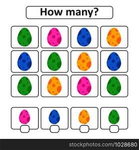 Game for preschool children. Count out how many Easter eggs in the picture and write down the result. With a place for answers. Simple flat isolated vector illustration. Game for preschool children. Count out how many Easter eggs in the picture and write down the result. With a place for answers. Simple flat isolated vector illustration.