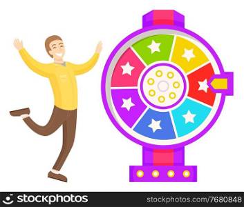Game fortune wheel concept. Man playing risk game with fortune wheel and lottery. Casino and gambling vector. Illustration of casino fortune, wheel winner game. Man won, joyfully raised his hands up. Game fortune wheel concept. Man playing risk game with fortune wheel and lottery, gambling template