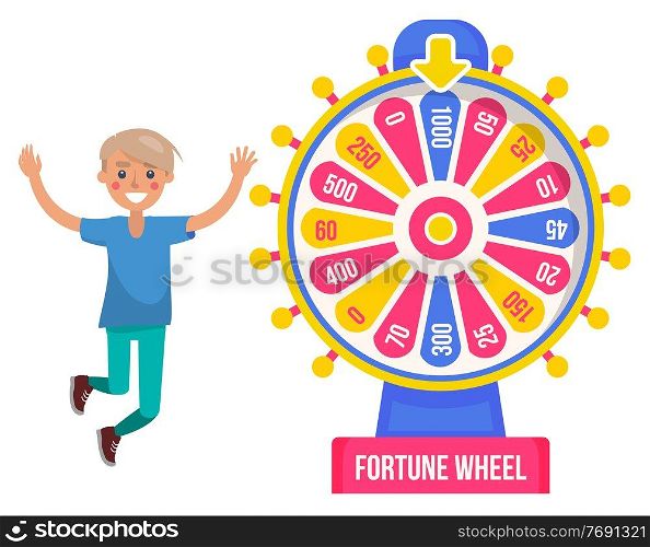 Game fortune wheel concept. Man playing risk game with fortune wheel and lottery. Casino and gambling. Illustration of casino fortune, wheel winner game. Man won, joyfully raised his hands up and jump. Game fortune wheel concept. Man playing risk game with fortune wheel and lottery, gambling template