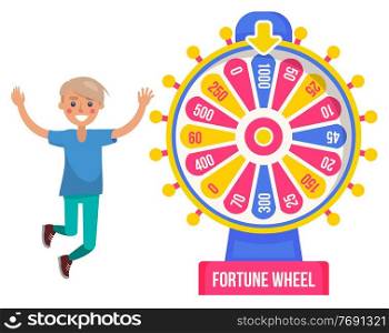 Game fortune wheel concept. Man playing risk game with fortune wheel and lottery. Casino and gambling. Illustration of casino fortune, wheel winner game. Man won, joyfully raised his hands up and jump. Game fortune wheel concept. Man playing risk game with fortune wheel and lottery, gambling template