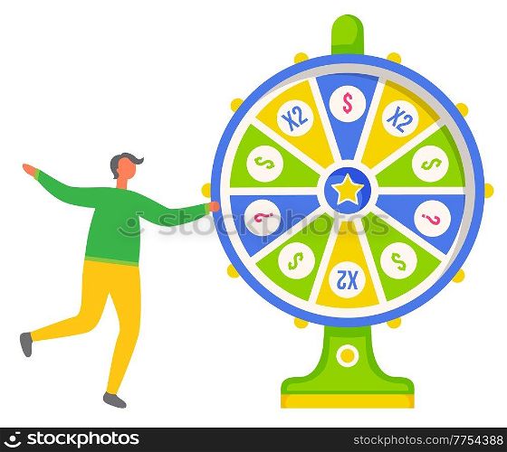 Game fortune wheel concept. Man playing risk game with fortune wheel and lottery. Casino and gambling vector. Illustration of casino fortune, wheel winner game. Man won, joyfully raised his hands up. Game fortune wheel concept. Man playing risk game with fortune wheel and lottery, gambling template