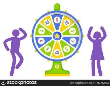 Game fortune wheel concept. People playing risk game with fortune wheel and lottery. Illustration of casino fortune, wheel winner game, flat style. Man and woman won, joyfully raised their hands up. Game fortune wheel concept. People playing risk game with fortune wheel and lottery flat style