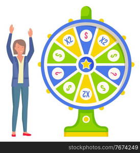 Game fortune wheel. Girl playing risk game with fortune wheel and lottery. Casino and gambling vector. Illustration of casino fortune, wheel winner game. Woman won, joyfully raised her hands up. Game fortune wheel concept. Girl playing risk game with fortune wheel and lottery, gambling template