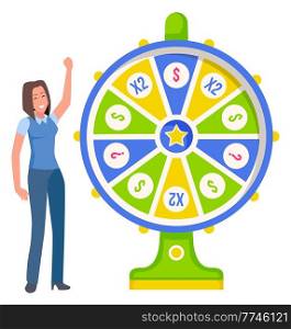 Game fortune wheel. Girl playing risk game with fortune wheel and lottery. Casino and gambling vector. Illustration of casino fortune, wheel winner game. Woman won, joyfully raised her hands up. Game fortune wheel concept. Girl playing risk game with fortune wheel and lottery, gambling template
