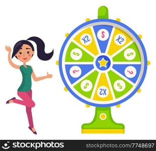 Game fortune wheel. Girl playing risk game with fortune wheel and lottery. Casino and gambling vector. Illustration of casino fortune, wheel winner game. Woman won, joyfully raised her hands up. Game fortune wheel concept. Girl playing risk game with fortune wheel and lottery, gambling template