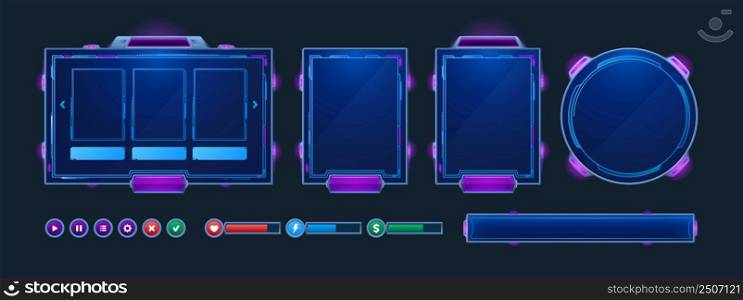 Game frames and buttons in sci fi style. Menu, game assets and design elements for user interface. Vector cartoon set of futuristic panels, health, money and energy bars. Game frames and buttons in sci fi style