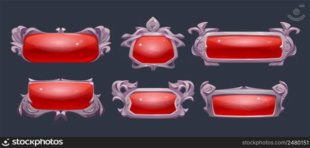 Game frames, medieval ui menu borders with silver rims and red glass glossy plaques. 2d buttons or banners elements, empty royal gui bars for rpg or arcade gamer panel interface, Cartoon vector set. Game frames, medieval ui menu borders, panels set