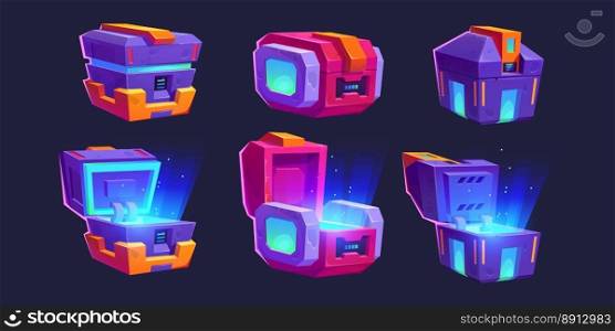 Game futuristic boxes, future technology chests open, closed. Icons of sci-fi equipment, loot boxes with electronic lock and display with neon light, vector cartoon illustration isolated on background. Game futuristic boxes, future technology chests