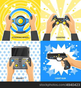 Game Gadget 2x2 Design Concept. Game gadget 2x2 design concept with people hands holding steering, wheel light gun gamepad flat vector illustration