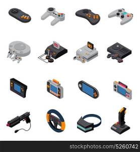 Game Gadgets Isometric Icons Collection. Game gadgets isometric icons collection of consoles joysticks gamepads virtual mask wheel steering gun isolated vector illustration