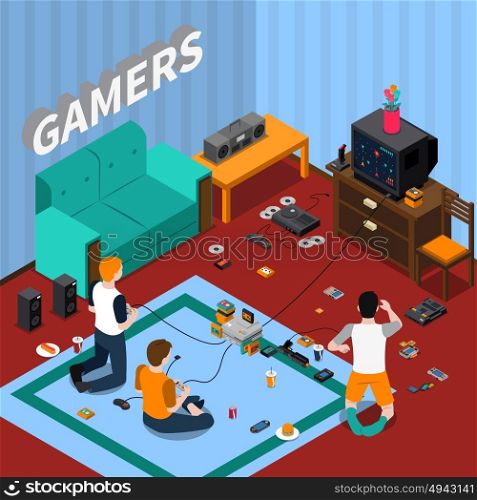 Game Gadgets Isometric Template. Game gadgets isometric template with children playing videogames at home vector illustration