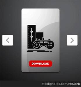 game, gamepad, joystick, play, playstation Glyph Icon in Carousal Pagination Slider Design & Red Download Button. Vector EPS10 Abstract Template background