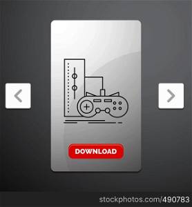 game, gamepad, joystick, play, playstation Line Icon in Carousal Pagination Slider Design & Red Download Button. Vector EPS10 Abstract Template background