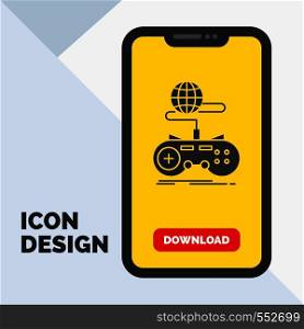 Game, gaming, internet, multiplayer, online Glyph Icon in Mobile for Download Page. Yellow Background. Vector EPS10 Abstract Template background